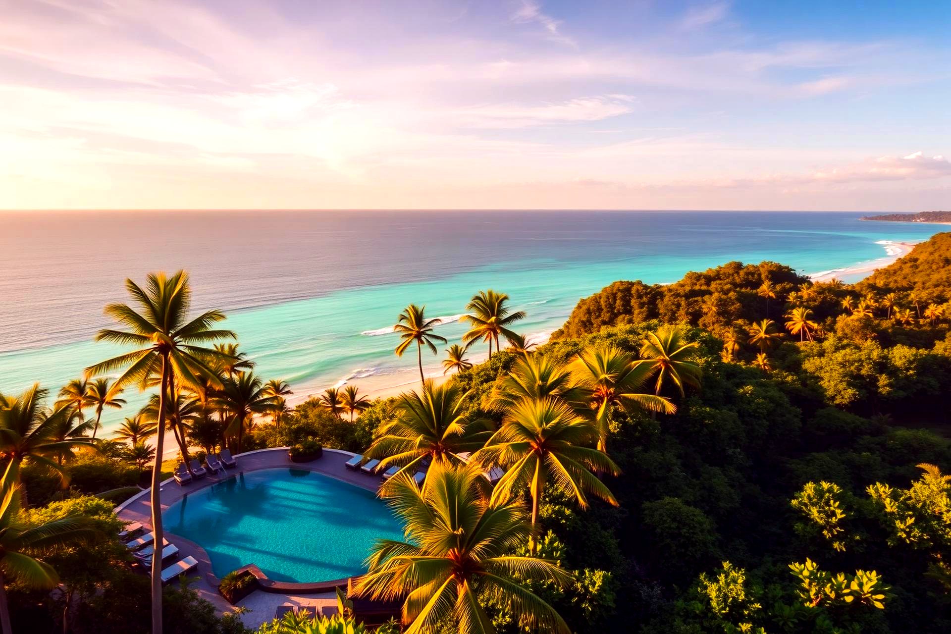 ทิวทัศน์ทางอากาศของรีสอร์ทหรูบนเกาะสมุยยามพระอาทิตย์ตก