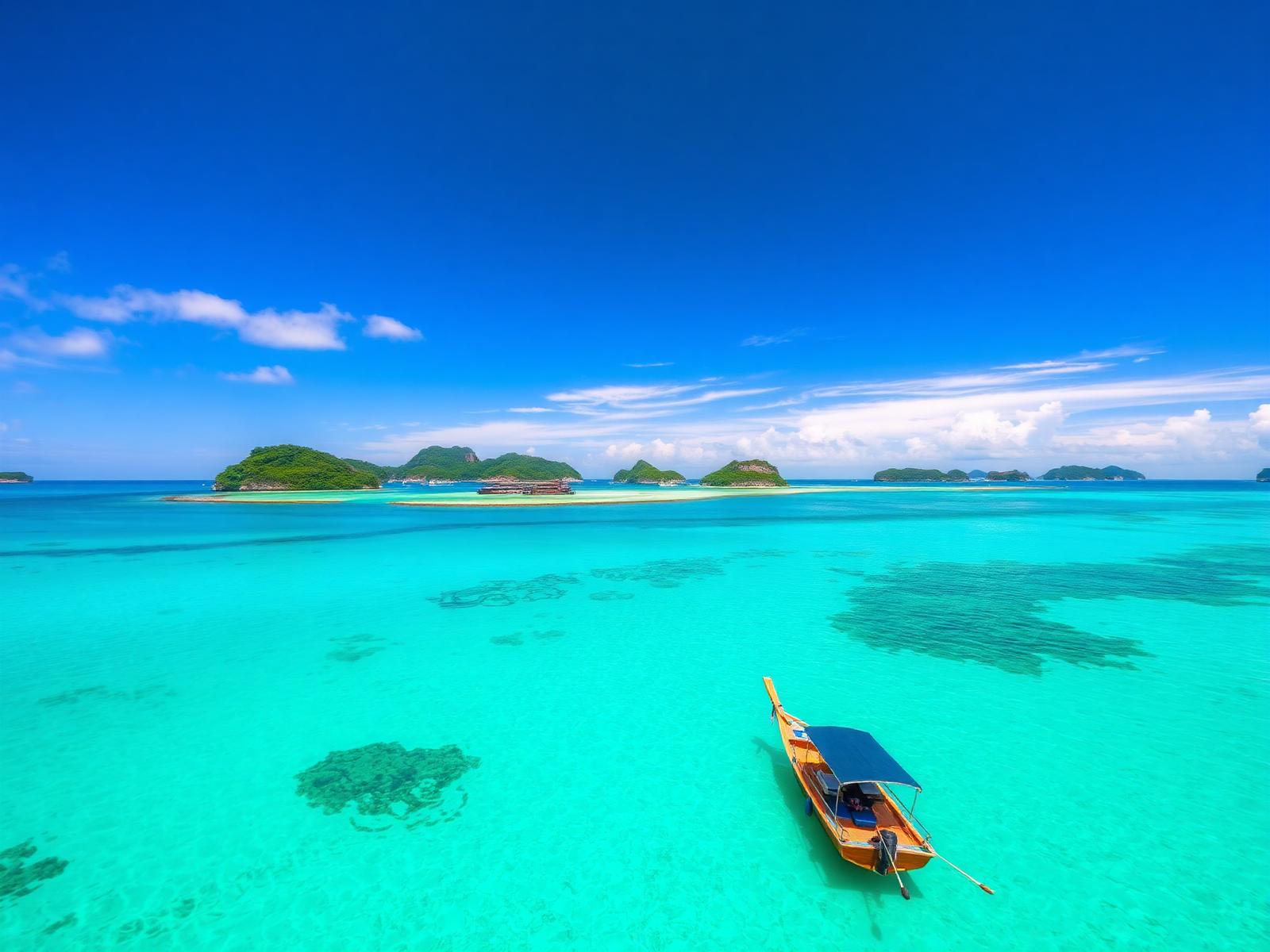 เรือหางยาวลอยบนน้ำทะเลใสรอบเกาะสมุย